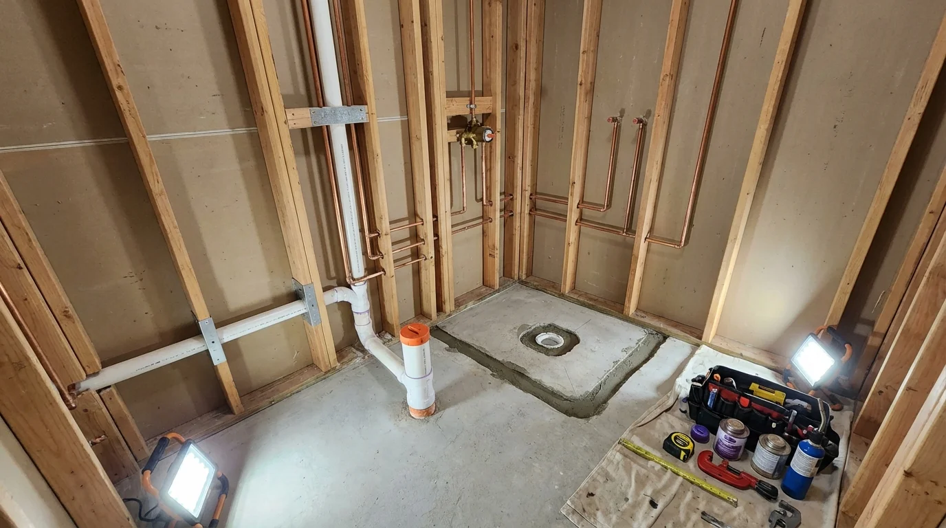 Bathroom rough-in plumbing during remodel by Johns Plumbing LLC in Palestine