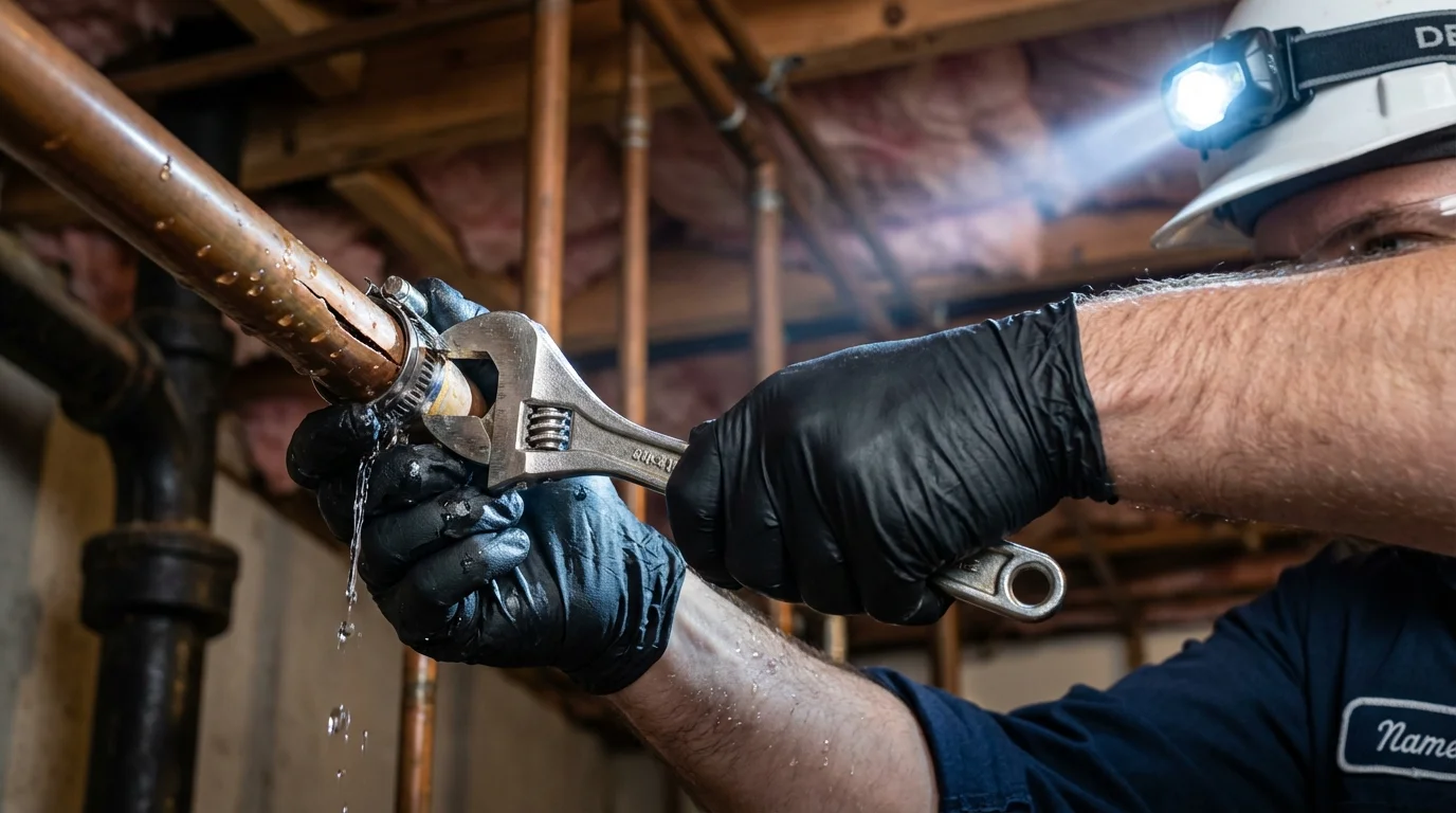 Emergency pipe clamp repair being performed by a Johns Plumbing LLC plumber in Palestine