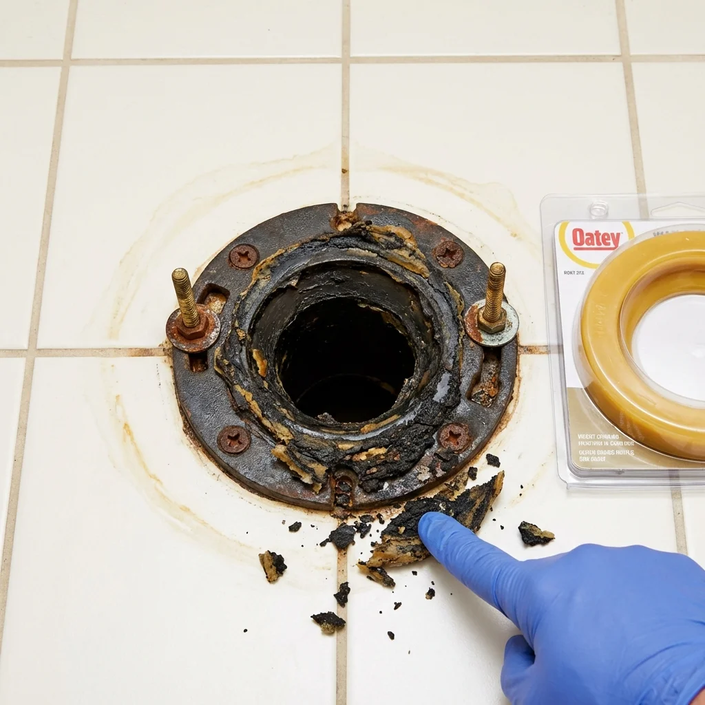 Failed wax ring showing water seepage at the base of a toilet in a Palestine, TX home