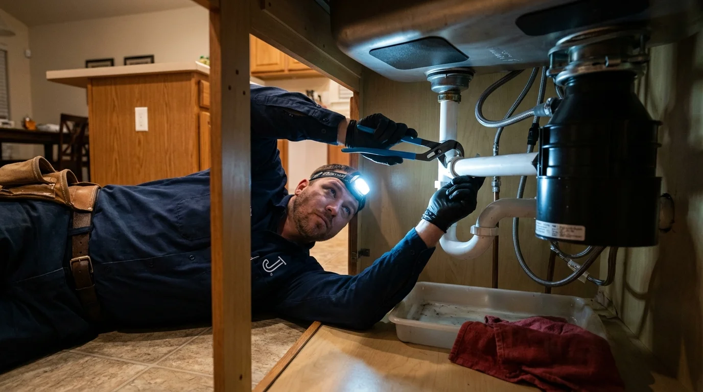 P-trap and supply line connections under a kitchen sink showing a common leak point in Palestine, TX